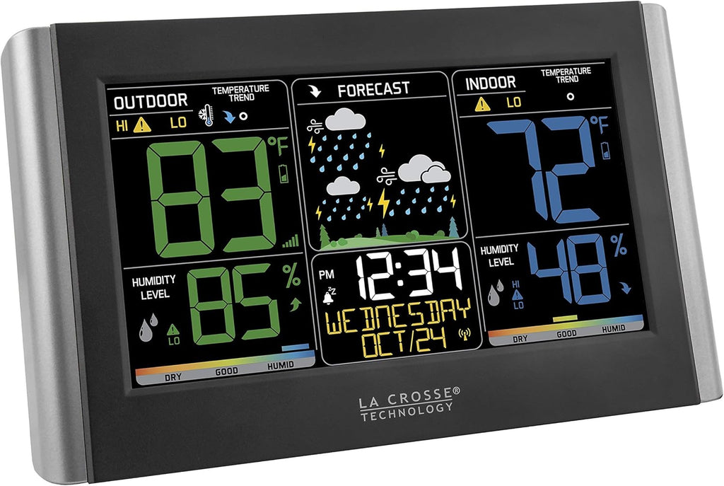 La Crosse Technology Weather Station with Customizable Alerts, Weather Forecast, Temperature, Dew Point, Humidity, Time, Heat Index, Large Display, Adjustable Brightness, Wireless, Black, C85845-INT