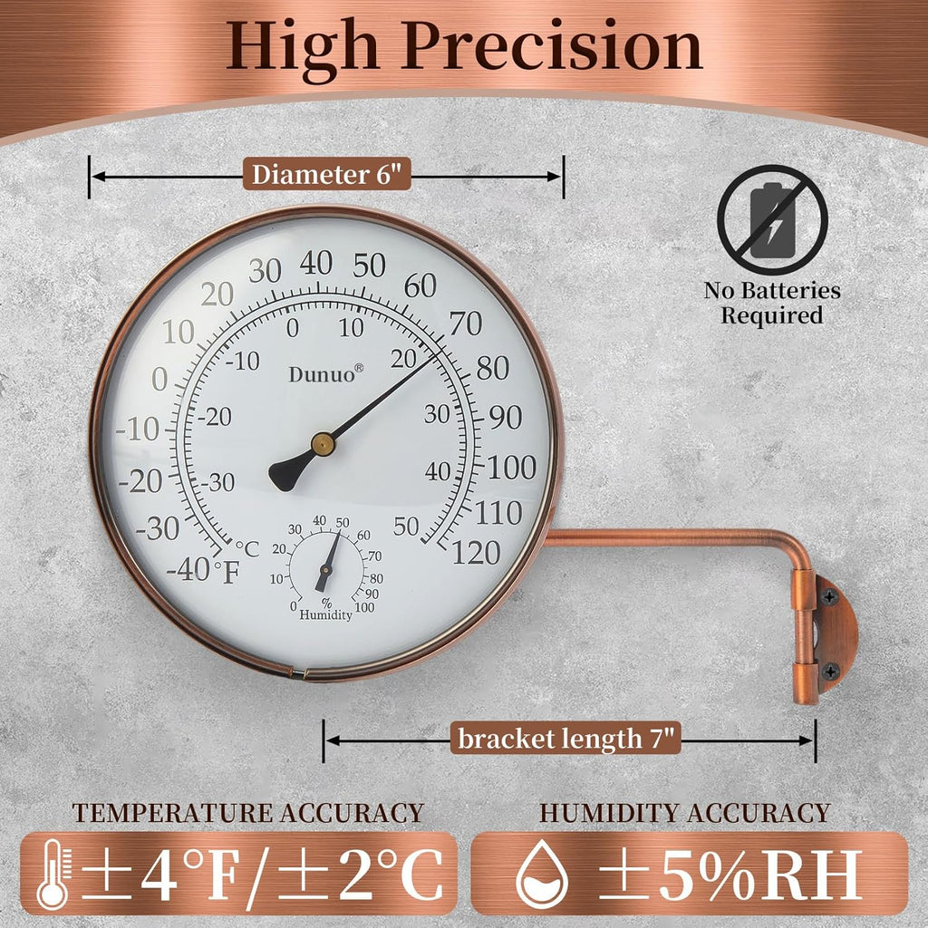 6" Outdoor Thermometer for Greenhouse, Garage and Patio. Weatherproof & Decorative Outside Temperature Gauge for Window, Antique Copper with Humidity (Easy-Read Brass Swivel Design)