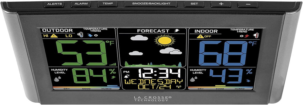 La Crosse Technology Weather Station with Customizable Alerts, Weather Forecast, Temperature, Dew Point, Humidity, Time, Heat Index, Large Display, Adjustable Brightness, Wireless, Black, C85845-INT