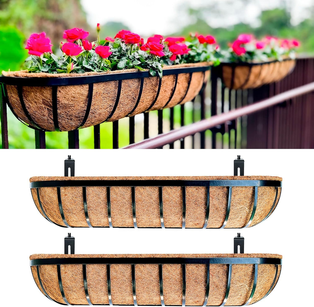 LaLaGreen Deck Railing Planters (48 Inch, 2 Pack) Extra Large Rectangular Railings Flower Box with Coco Liner, Black Metal Bracket Balcony Hanging Planter for Outdoor Plants Over Rail Fence Porch