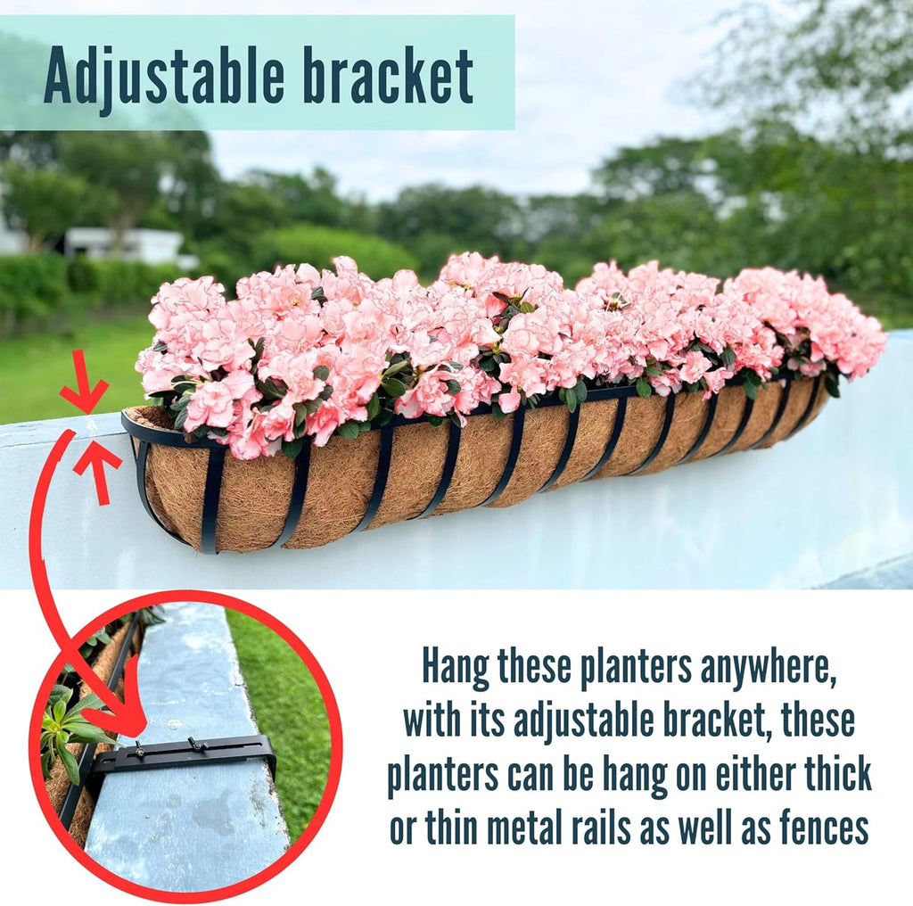 LaLaGreen Deck Railing Planters (48 Inch, 2 Pack) Extra Large Rectangular Railings Flower Box with Coco Liner, Black Metal Bracket Balcony Hanging Planter for Outdoor Plants Over Rail Fence Porch