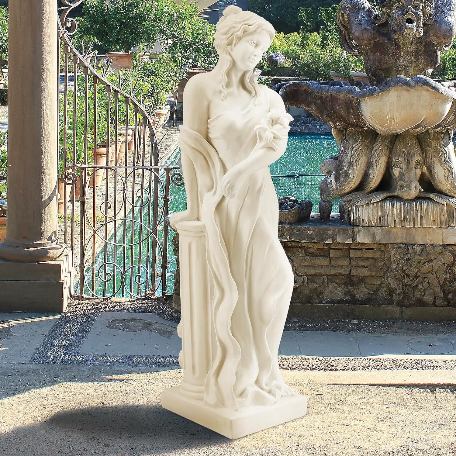 YOLENY 51'' Large Outdoor Garden Nymph Statue, Goddess of Spring Flowers, Roman Style Sculptures Decorations, Religious Garden Statue for Patio Lawns