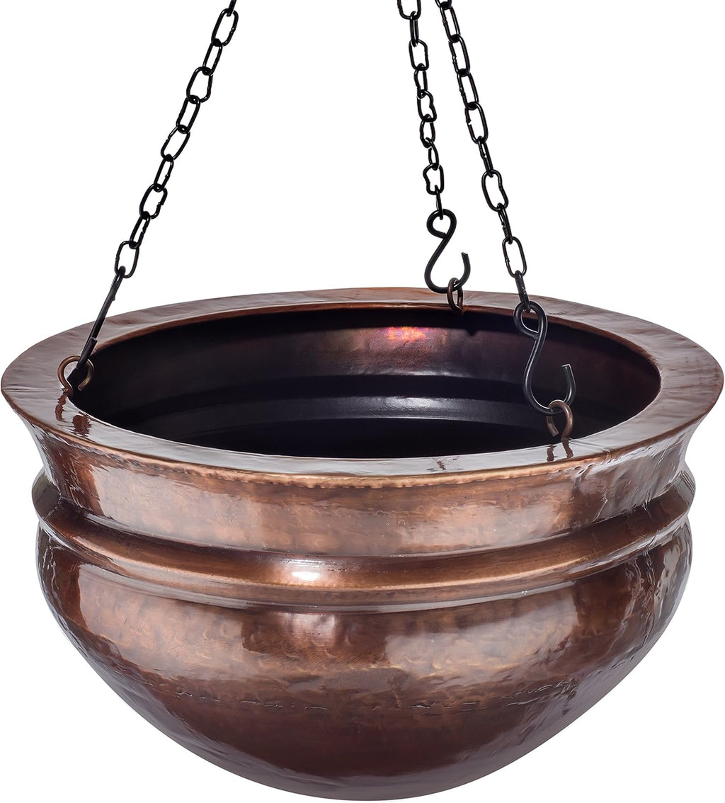 H Potter Hanging Copper Planter with Antique Finish and Chain Outdoor Plant Flower Pot for Home Patio Deck Terrace Balcony