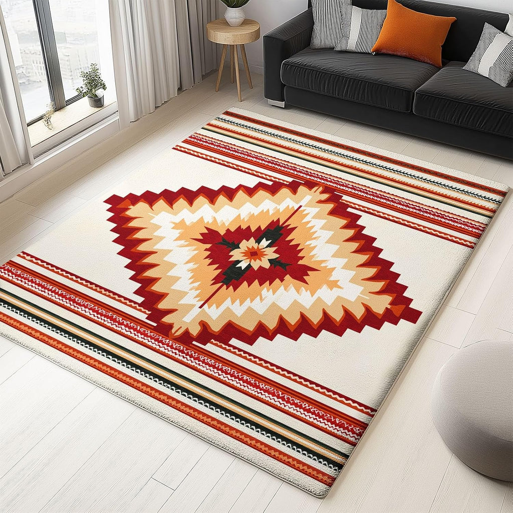 Washable Area Rugs Geometric Symmetric Rectangle 6 x 8 ft Carpet, Dark Brown Stain Resistant Machine Washable Non-Slip Flannel Carpet, for Bedroom Dining Room Entryway Doormat