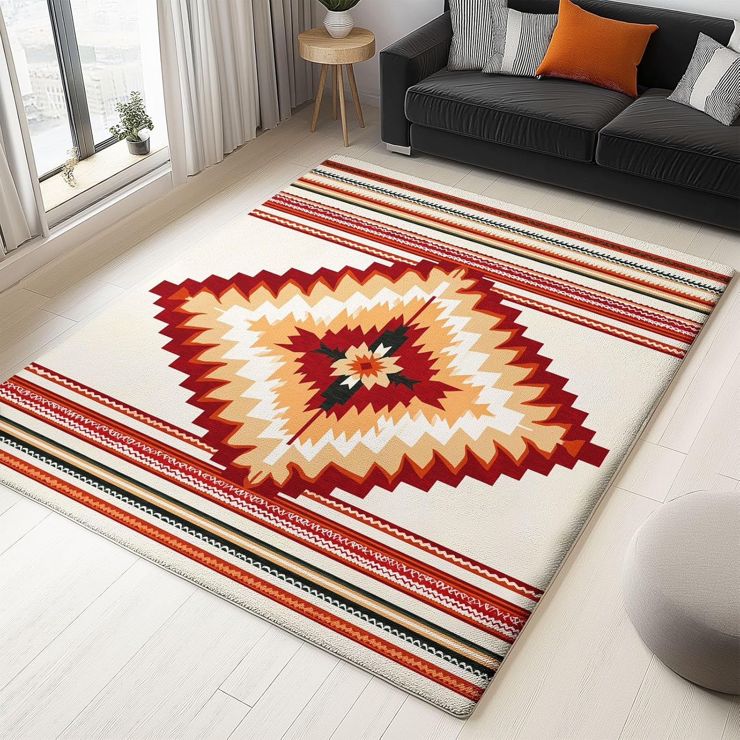 Washable Area Rugs Geometric Symmetric Rectangle 6 x 8 ft Carpet, Dark Brown Stain Resistant Machine Washable Non-Slip Flannel Carpet, for Bedroom Dining Room Entryway Doormat