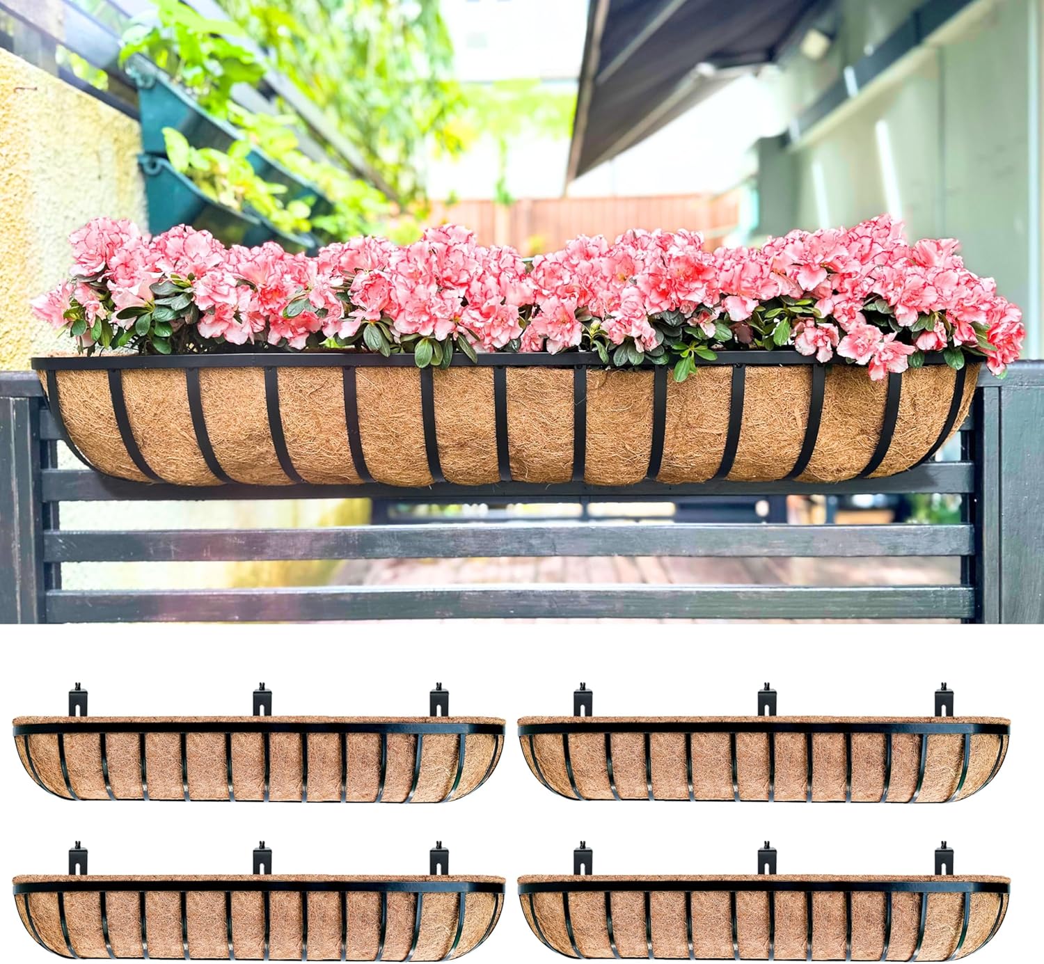 LaLaGreen Deck Railing Planters (48 Inch, 2 Pack) Extra Large Rectangular Railings Flower Box with Coco Liner, Black Metal Bracket Balcony Hanging Planter for Outdoor Plants Over Rail Fence Porch