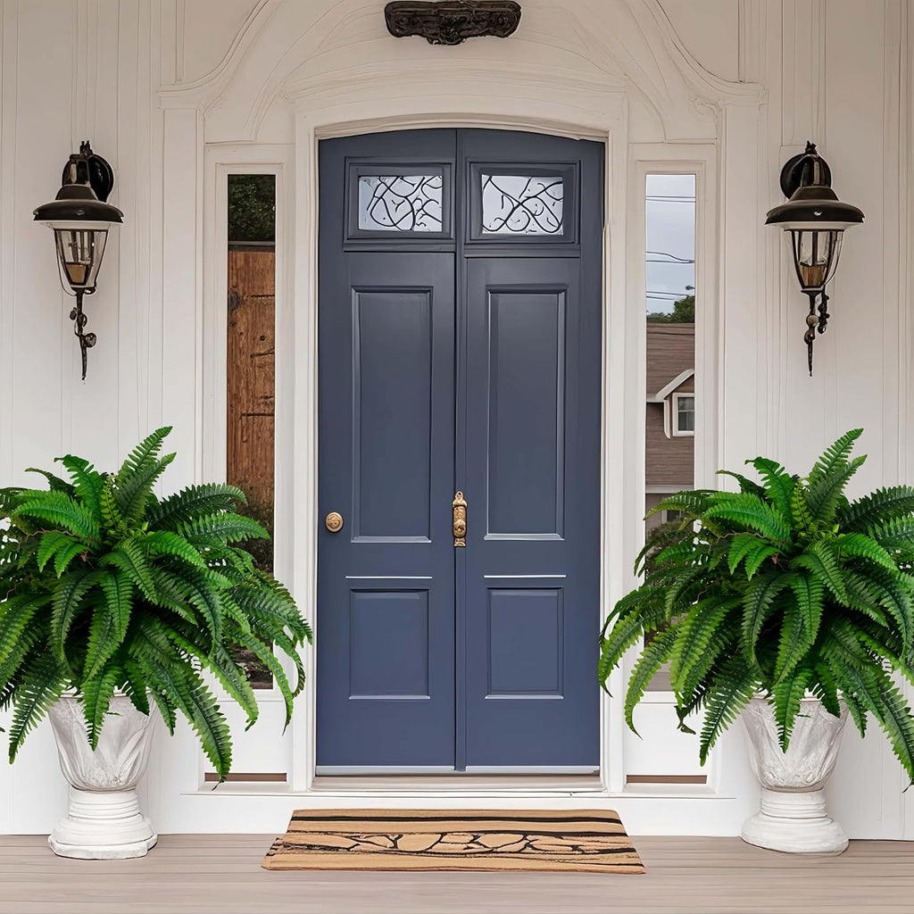 QIANYUN Outdoor Artificial Plants-2PCS Artificial Outdoor Hanging Fern Faux Greenery UV Resistant Plastic Plants for Front Porch Living Room Garden Decor- Including Hanging Planters (Dark Green)